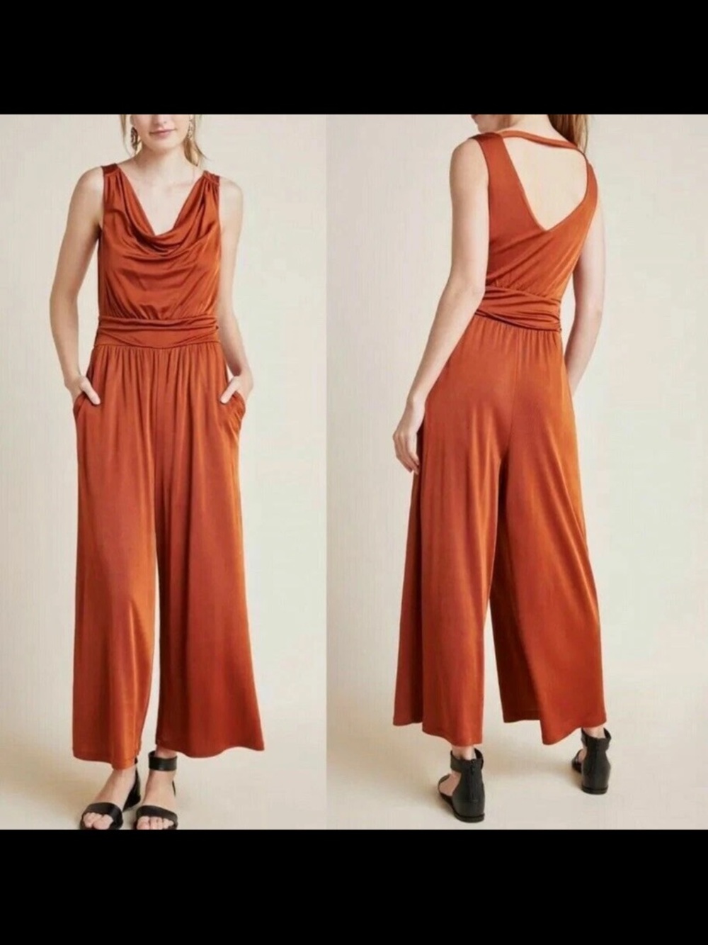 Anthropologie Enchantment Jumpsuit‎ Copper Draped Neck Wide-Leg Jumpsuit in Rust